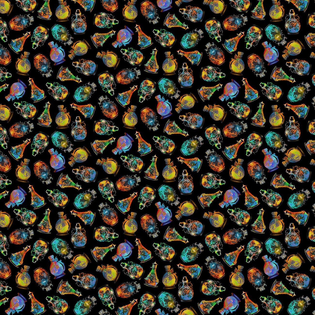 Colorful potion bottles pattern on a black background