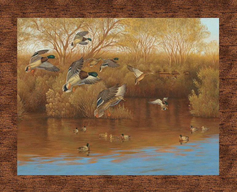 Painting of ducks in flight over a body of water with trees in the background.