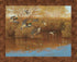 Painting of ducks in flight over a body of water with trees in the background.