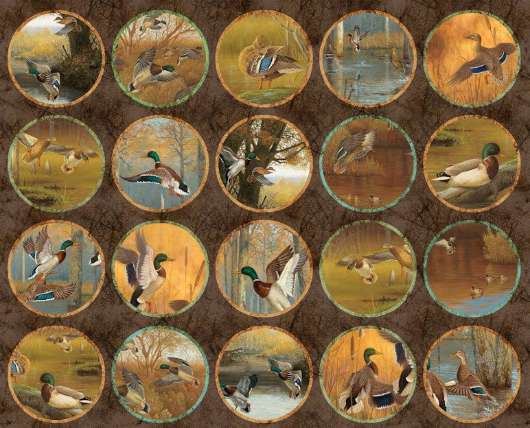 Pattern of ducks in various poses on a brown background