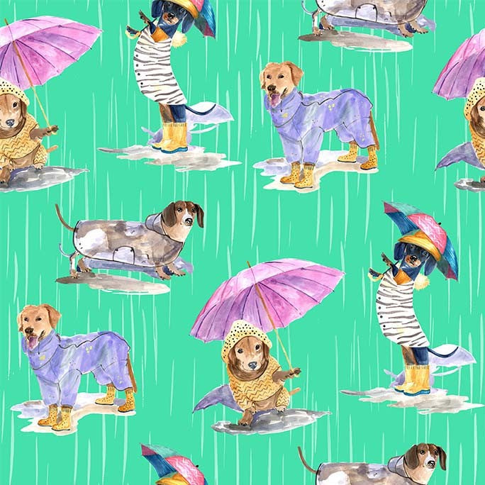 Fabric Michael Miller Green Dogs in the Rain Paws in the Rain by the Quarter Yard DCX12400-GREE-D