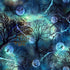 Fabric artwork of a mystical forest with trees, lightning, and moonlit sky.