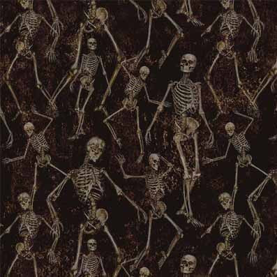 Pattern of dancing skeletons on a dark background