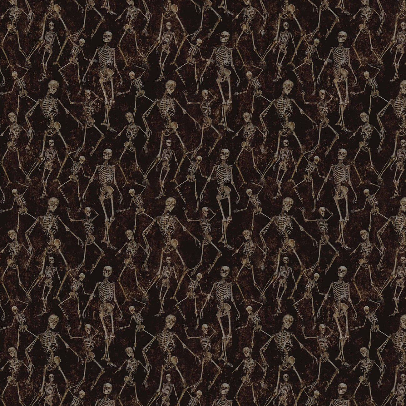 Pattern of dancing skeletons on a brown background