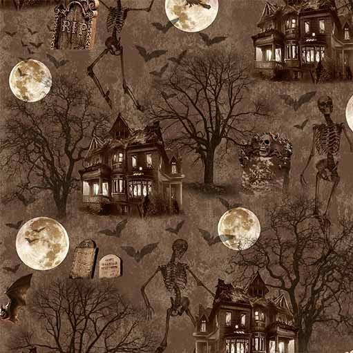 Halloween-themed design with haunted houses, skeletons, and bats under a moonlit sky.