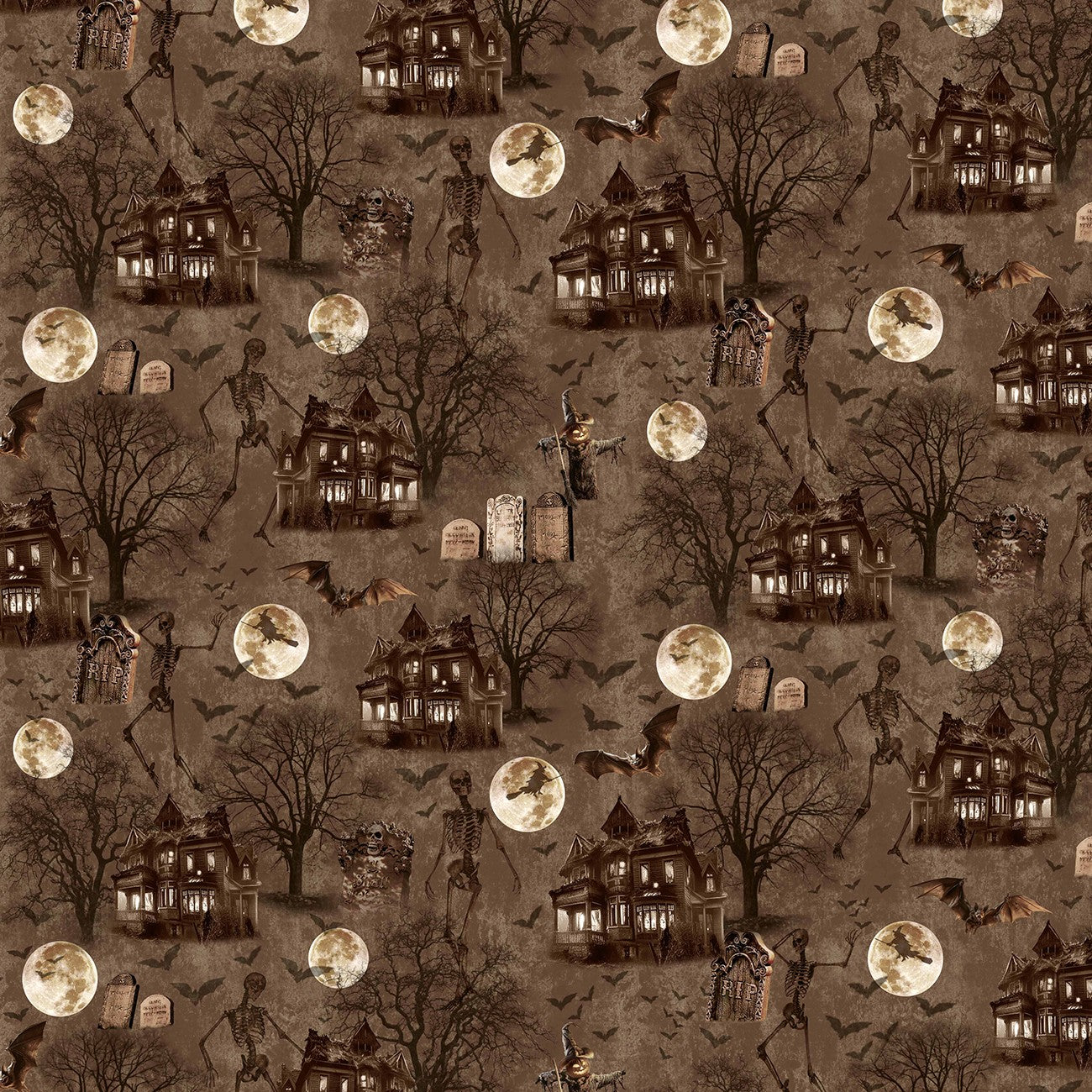 Halloween-themed pattern with haunted houses, full moons, and skeletons on a brown background.