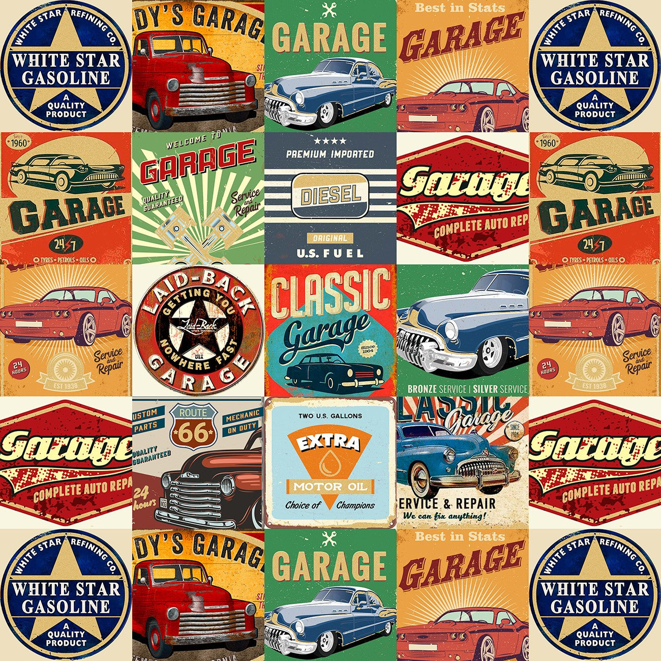 Fabric Michael Miller Multi America's Garage Route 66 by the Quarter Yard DCX12520-MULT