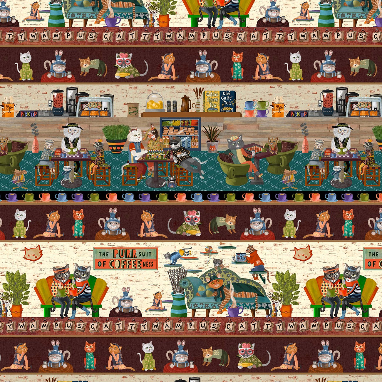 Fabric Michael Miller Multi Cat Cafe Purrsuit of Coffeeness by the Quarter Yard DDC12489-MULT