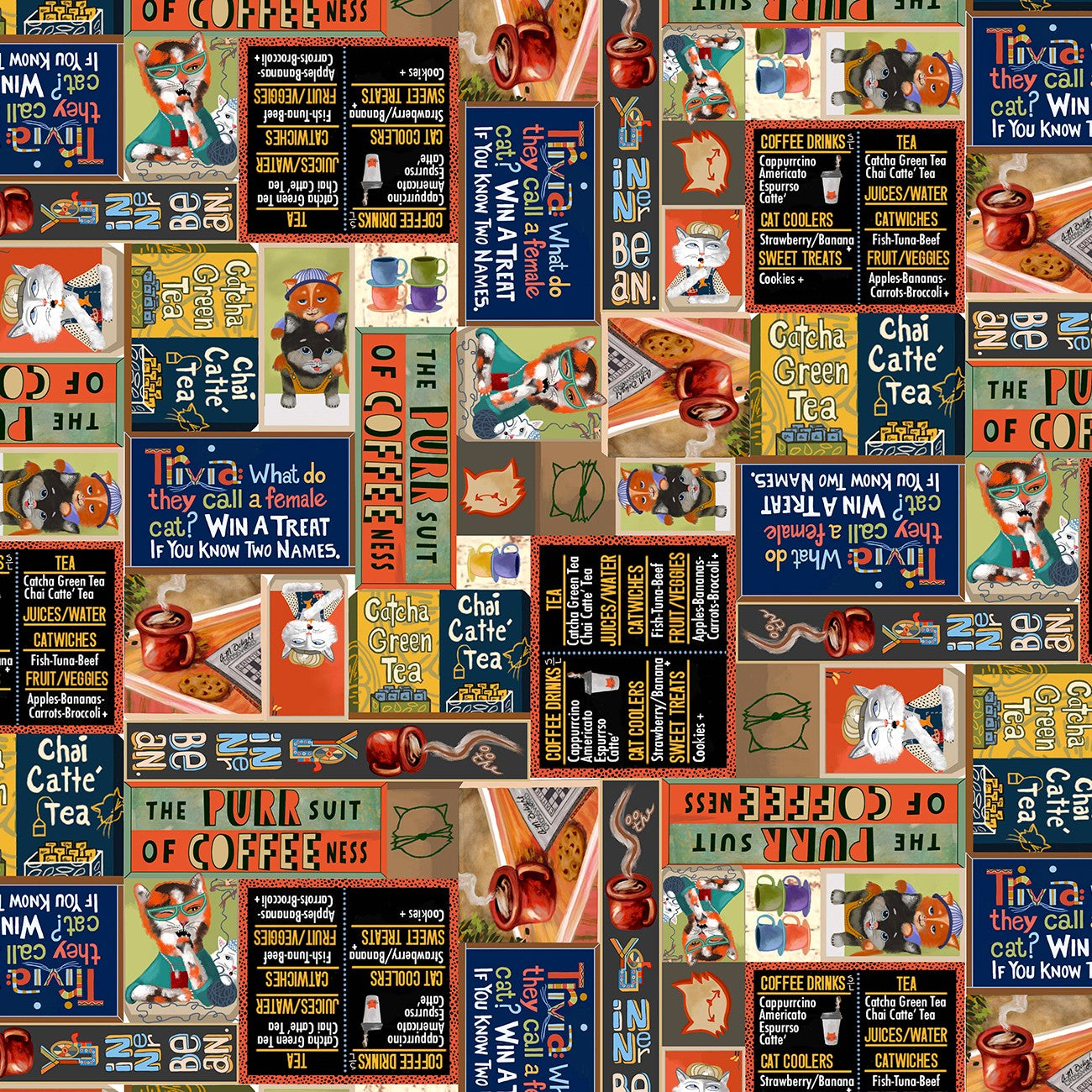 Fabric Michael Miller Multi Coffee Cats and Chill Purrsuit of Coffeeness by the Quarter Yard DDC12482-MULT