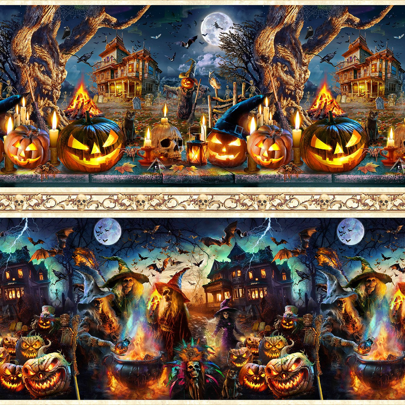 Halloween-themed collage with pumpkins, witches, and a haunted house.