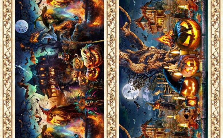 Halloween-themed artwork with pumpkins, ghosts, and a haunted house framed by decorative elements.