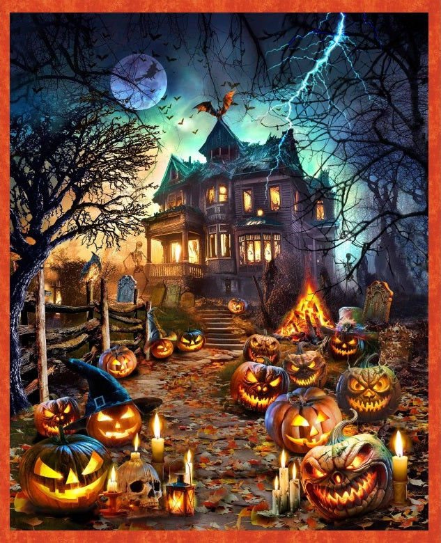 Halloween-themed scene with pumpkins, candles, and a haunted house under a full moon.