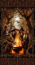Three creatures around a fire with a dark, forest-like background