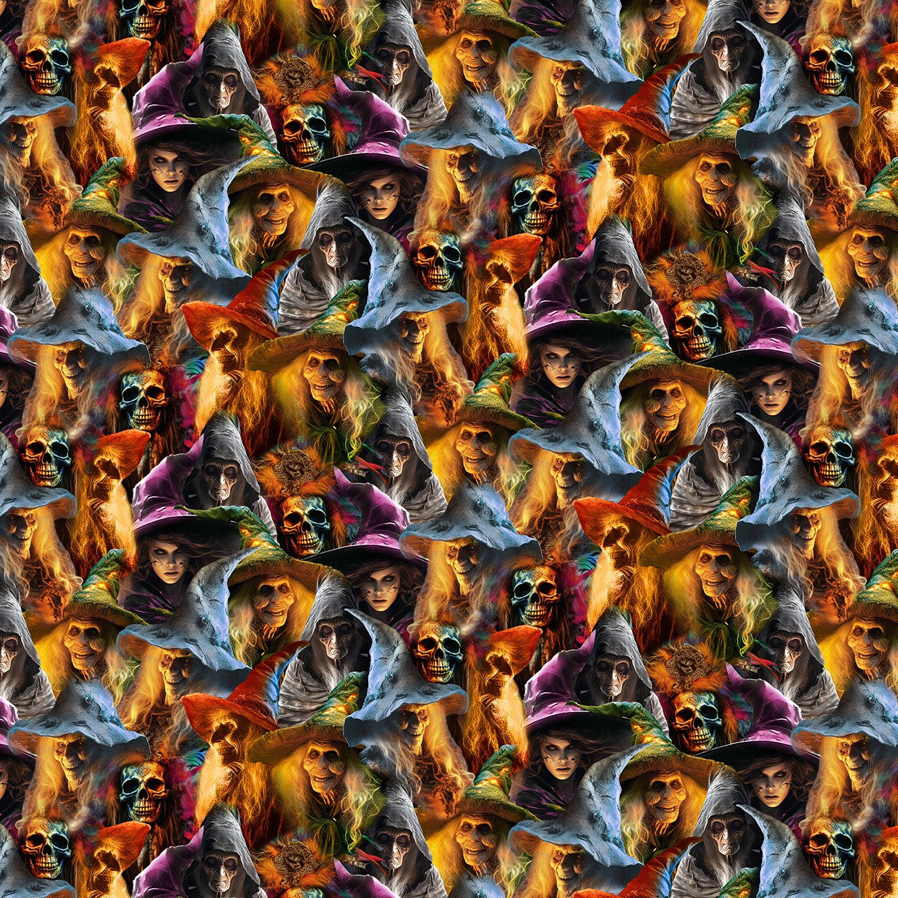 Pattern of hooded figures with colorful lighting effects