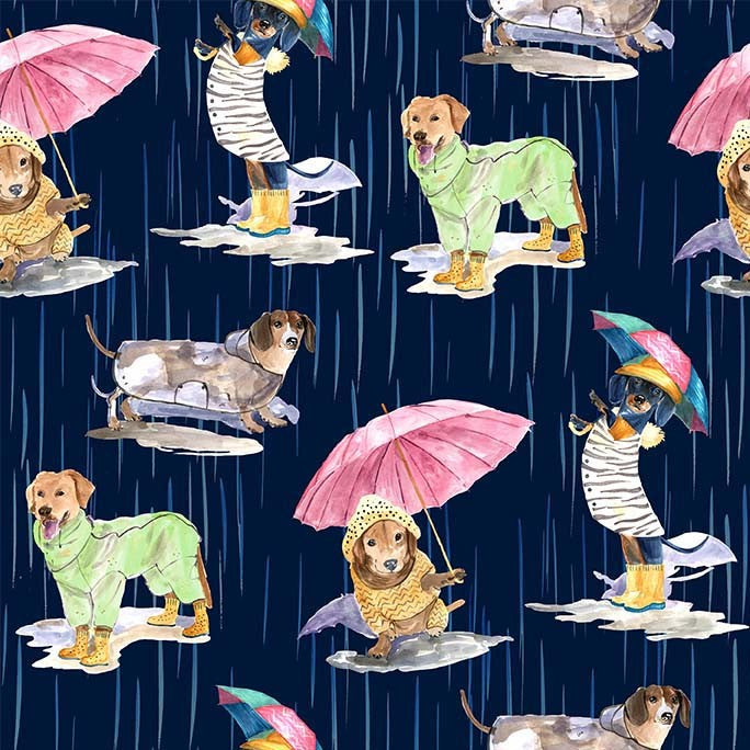 Fabric Michael Miller Navy Dogs in the Rain Paws in the Rain by the Quarter Yard DCX12400-NAVY-D