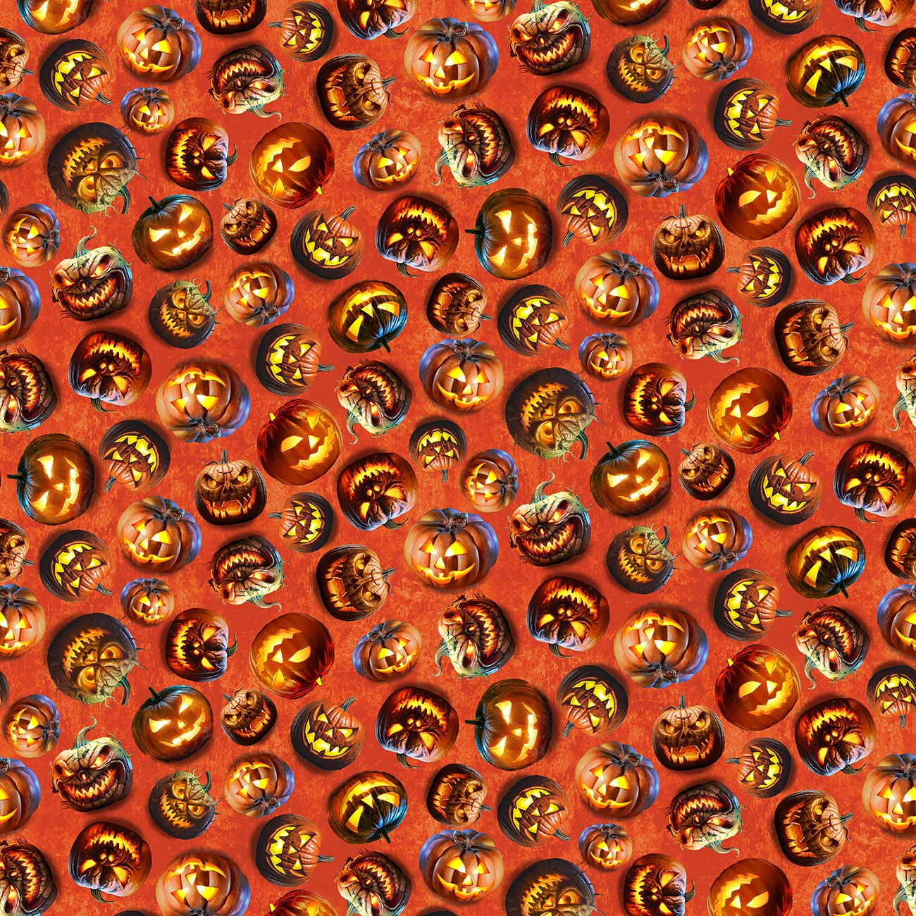 Pattern of Halloween pumpkins with jack-o'-lantern faces on an orange background