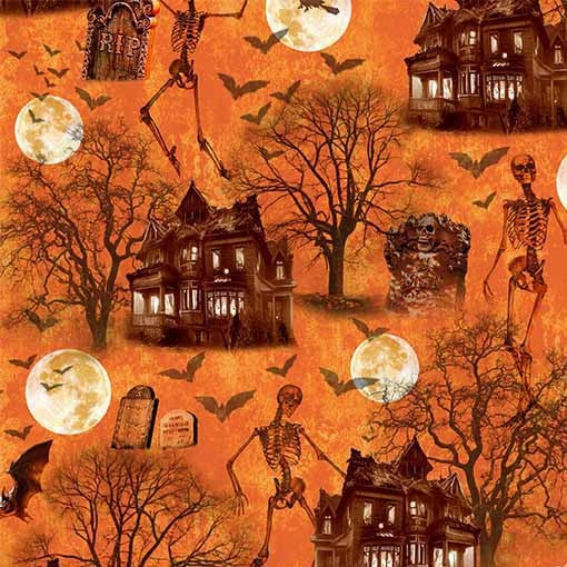 Halloween-themed fabric with skeletons, haunted houses, and bats on an orange background.