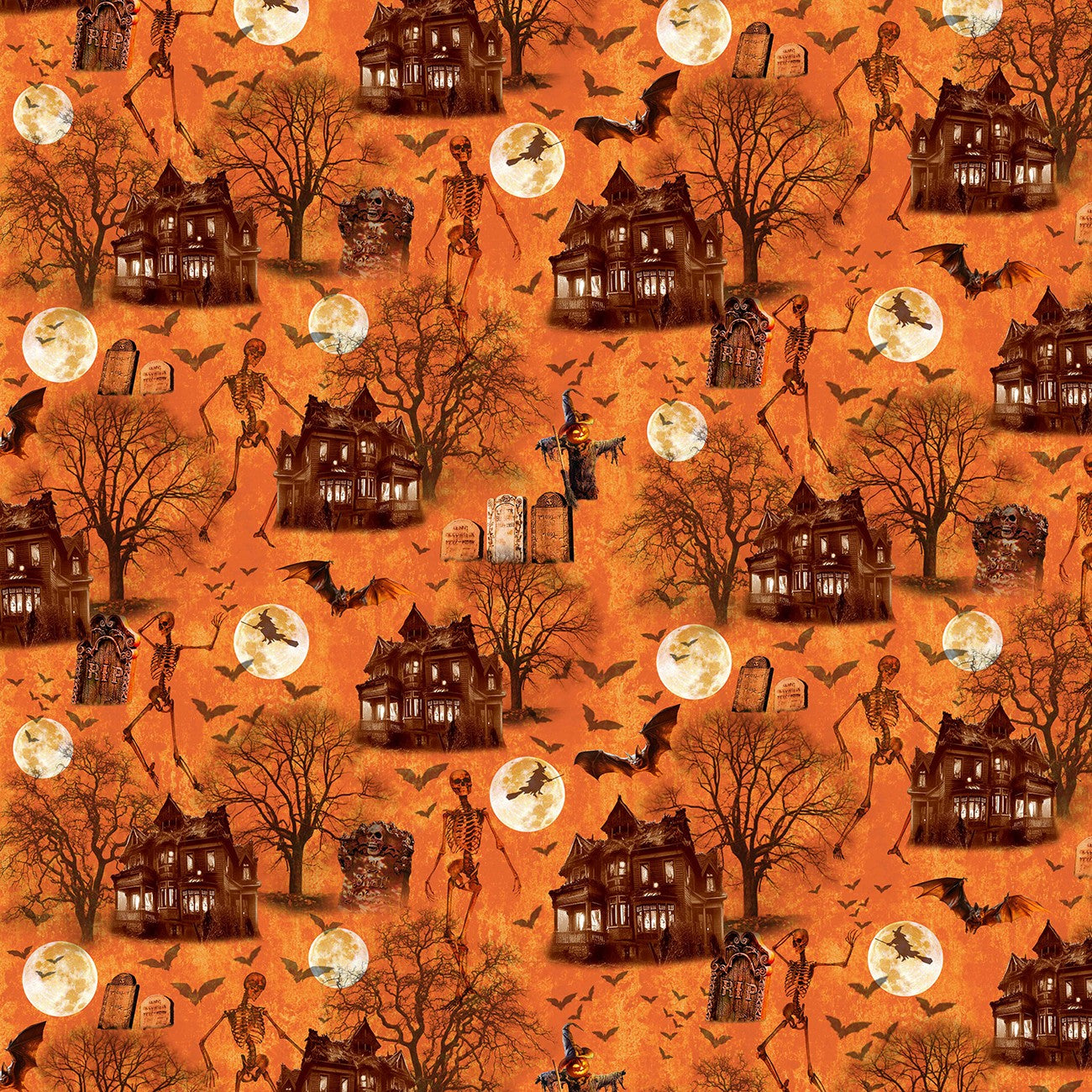 Halloween-themed fabric pattern with haunted houses, trees, and skeletons on an orange background.