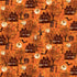 Halloween-themed fabric pattern with haunted houses, trees, and skeletons on an orange background.