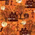 Halloween-themed fabric with skeletons, haunted houses, and bats on an orange background.