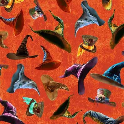 Colorful witch hats pattern on an orange background