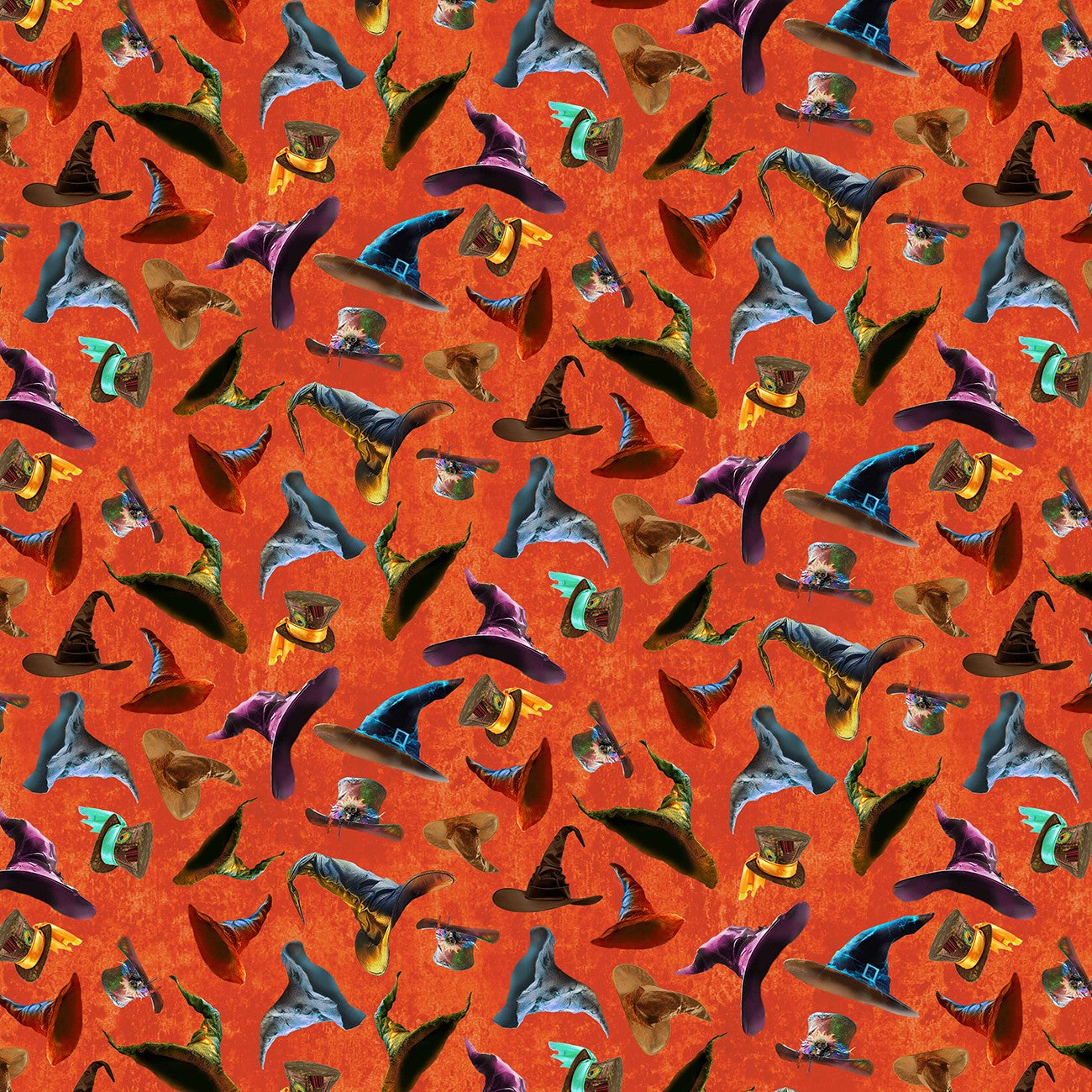 Pattern of colorful witch hats on a red background