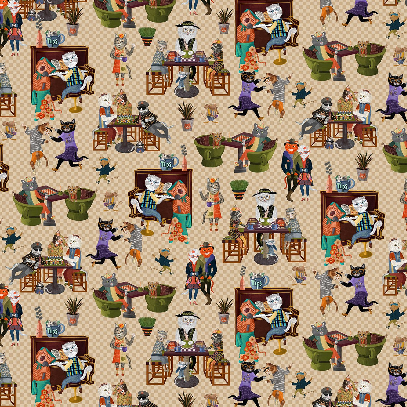 Fabric Michael Miller Tan Coffee Cat Purrsuit of Coffeeness by the Quarter Yard DDC12479-TANX