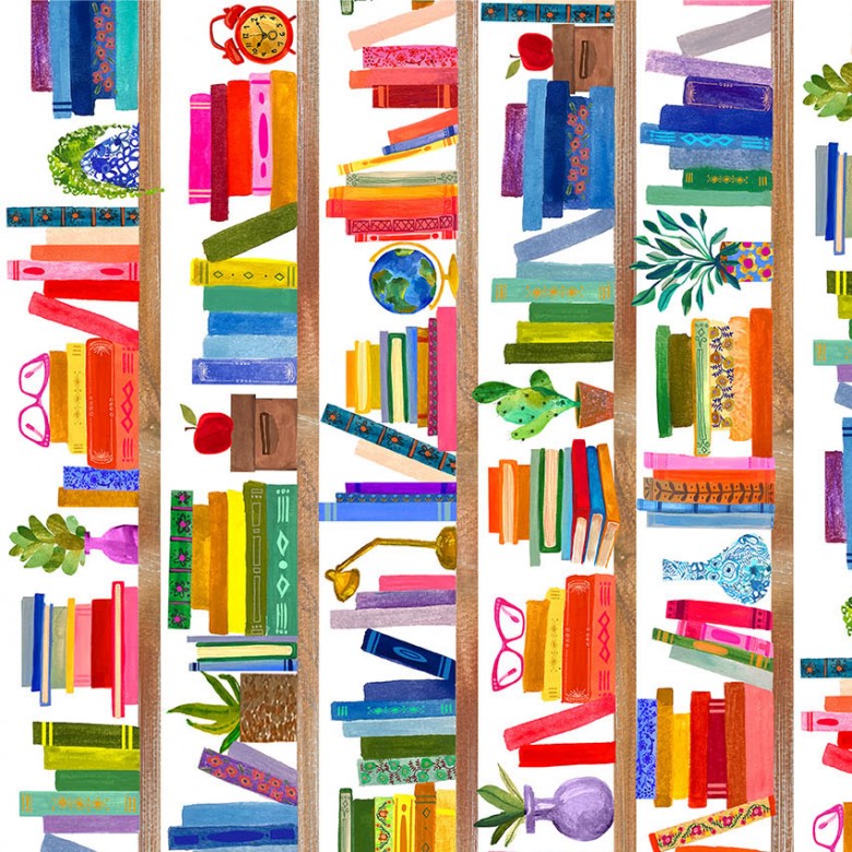 Fabric Michael Miller White Bookshelves Books are Magic by the Quarter Yard DDC12572-WHIT