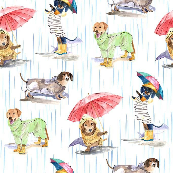 Fabric Michael Miller White Dogs in the Rain Paws in the Rain by the Quarter Yard DCX12400-WHIT-D