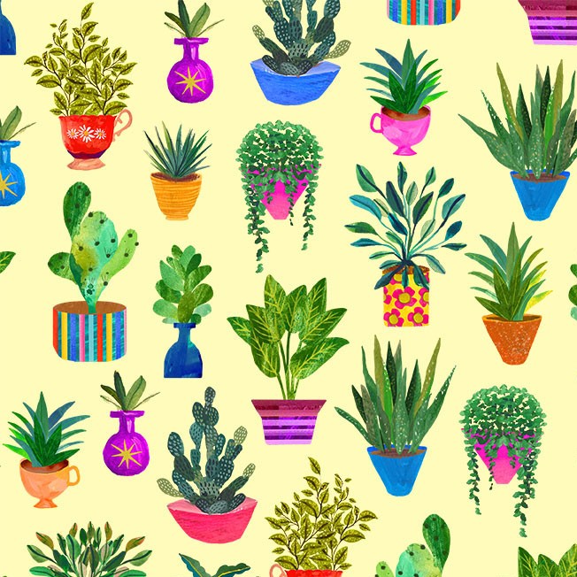 Fabric Michael Miller Yellow Houseplants Books are Magic by the Quarter Yard DDC12579-YELL