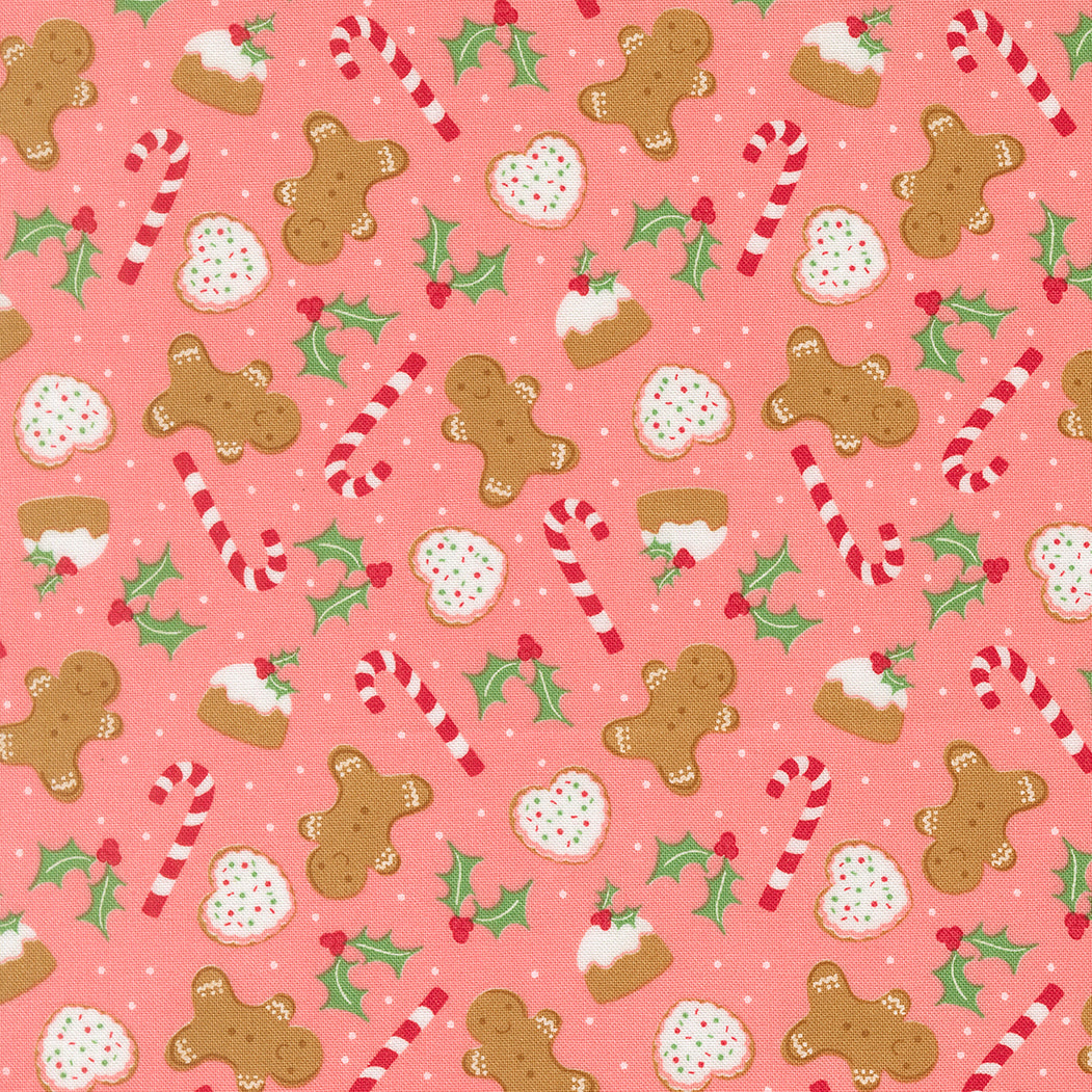 Christmas-themed pattern with gingerbread men, candy canes, and holly on a pink background.