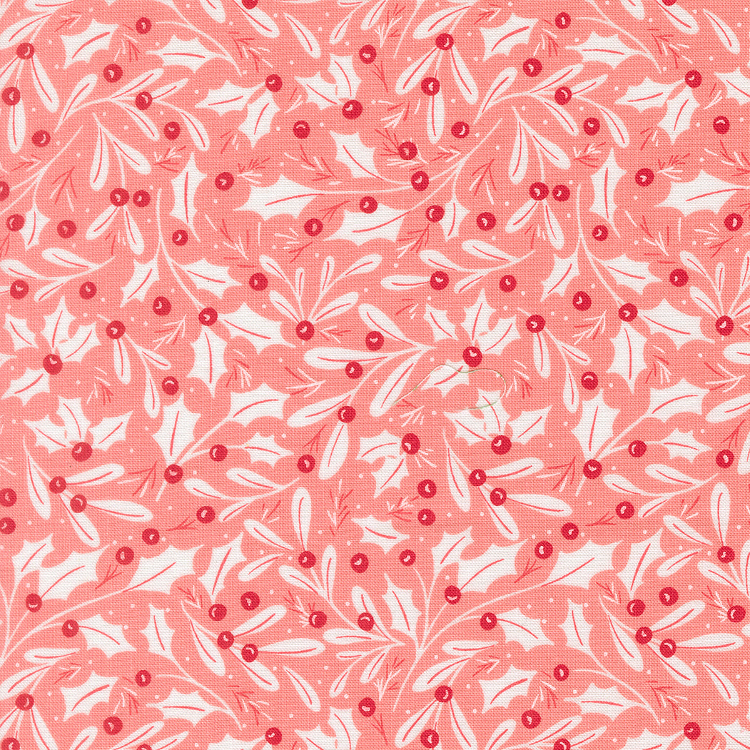 Pattern of red berries and white leaves on a pink background