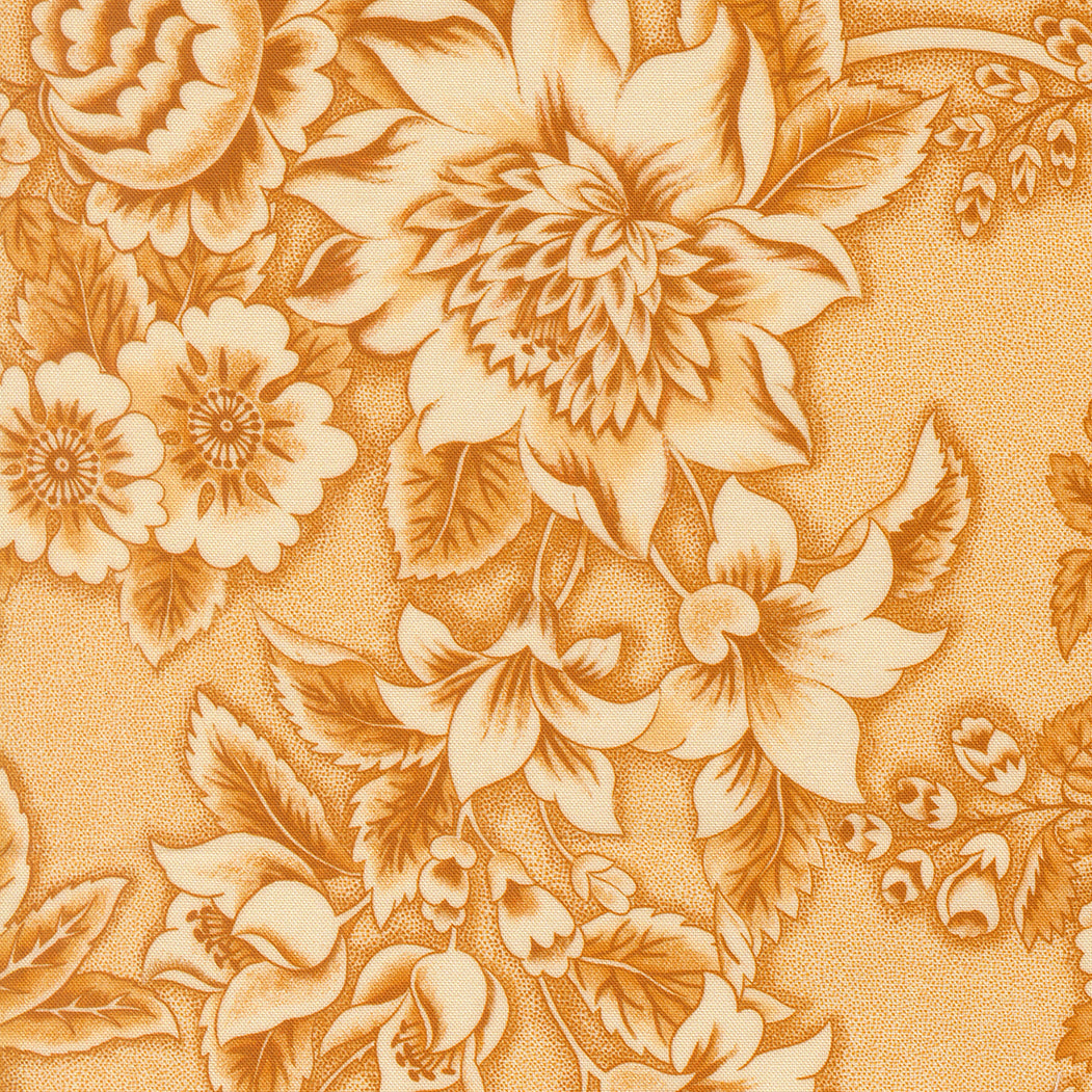 A close-up of a floral patterned fabric featuring large cream and tan flowers with textured brown detailing on a warm beige background.