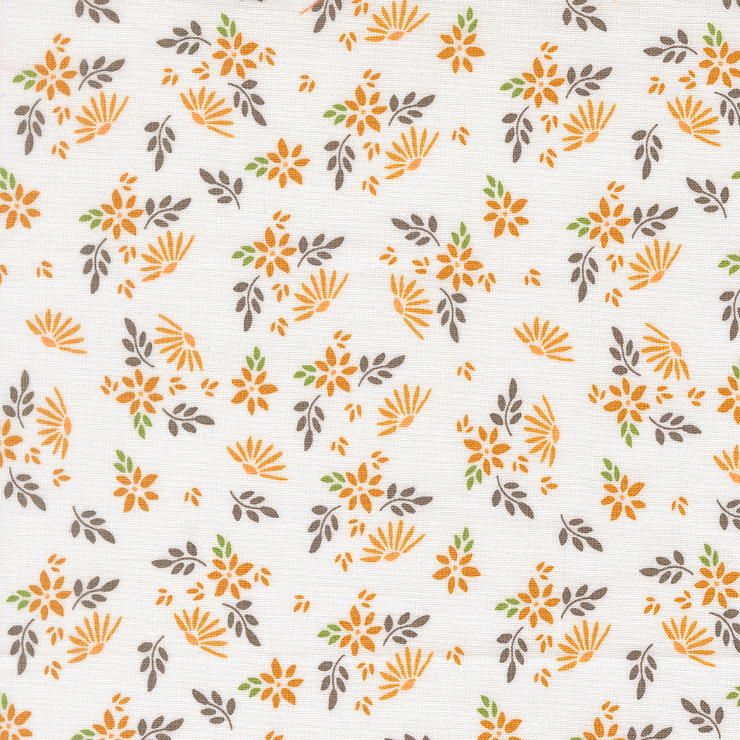 Pattern of small flowers and leaves in orange, green, and gray on a white background