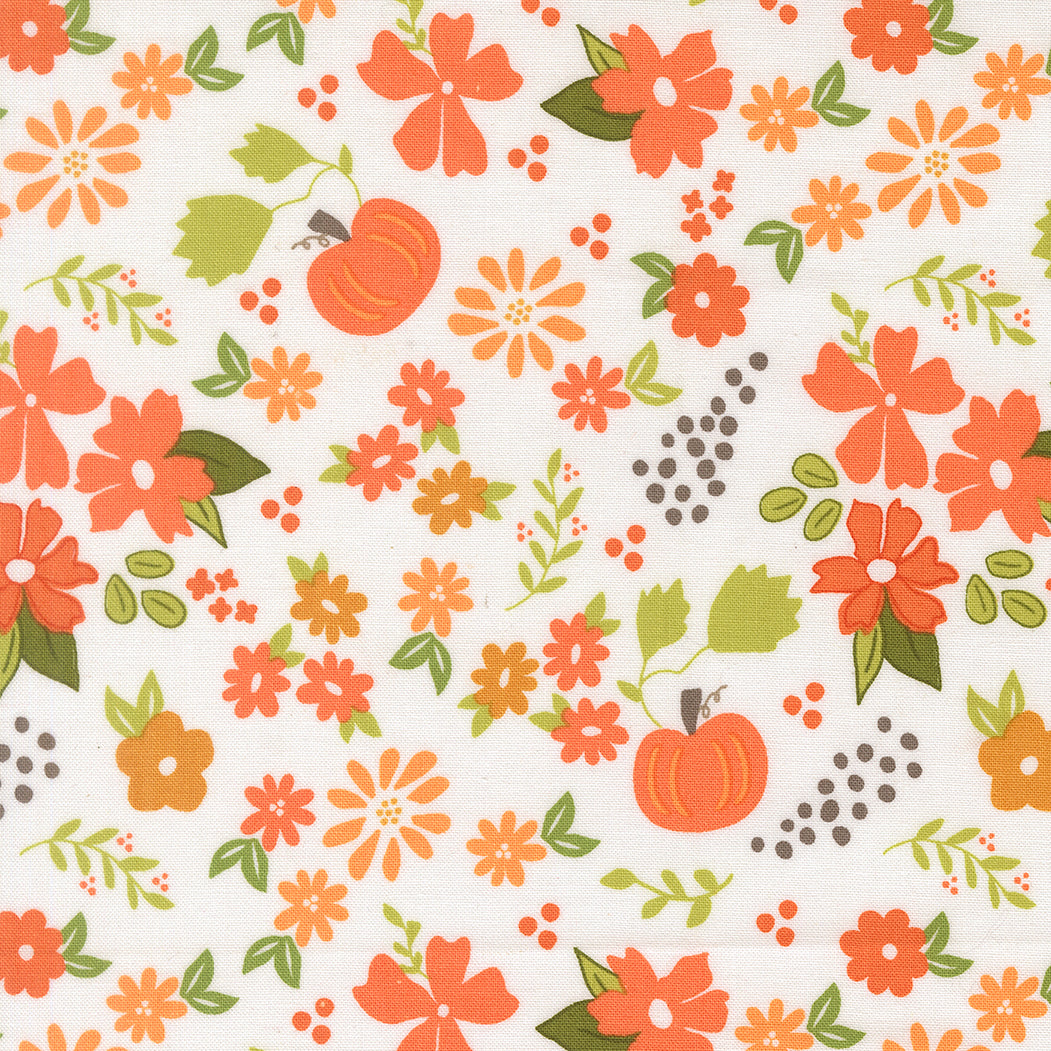 Pattern of orange flowers, green leaves, and pumpkins on a white background