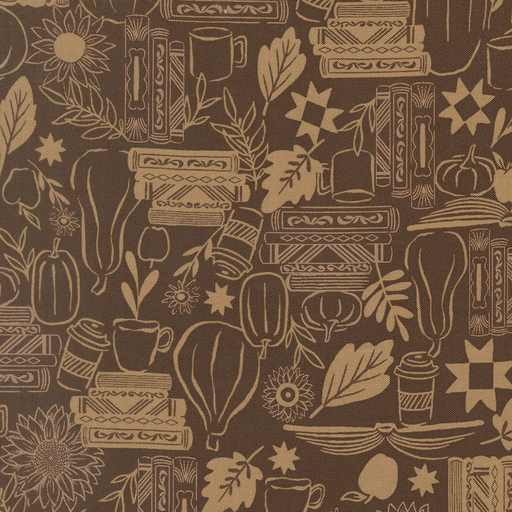 Patterned fabric with books, flowers, and other items on a brown background