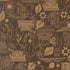 Patterned fabric with books, flowers, and other items on a brown background