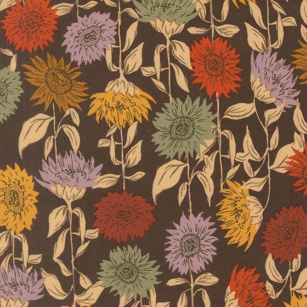Pattern of sunflowers in various colors on a brown background