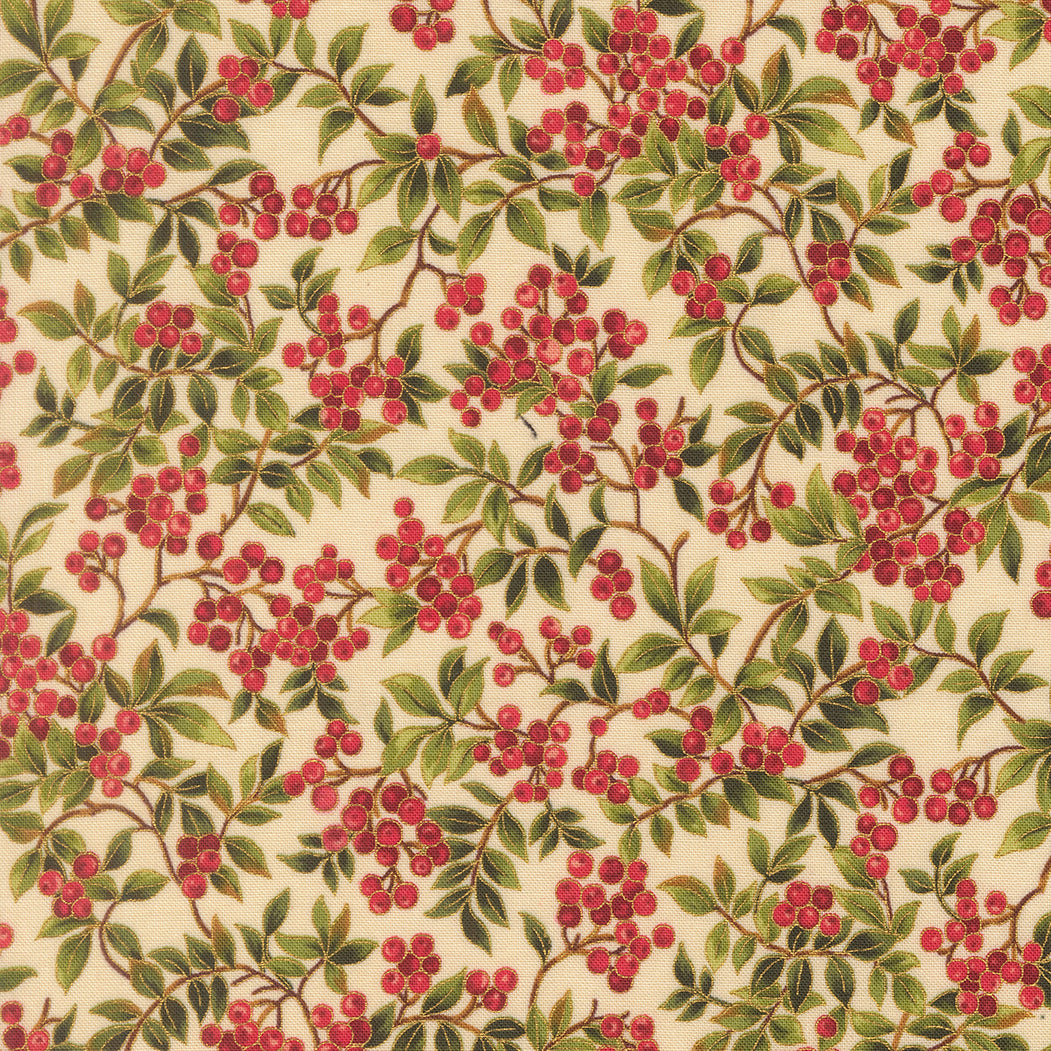 Fabric Moda Cream Christmas Hollyberry Merry Manor Metallic by the Quarter Yard 33864-11M