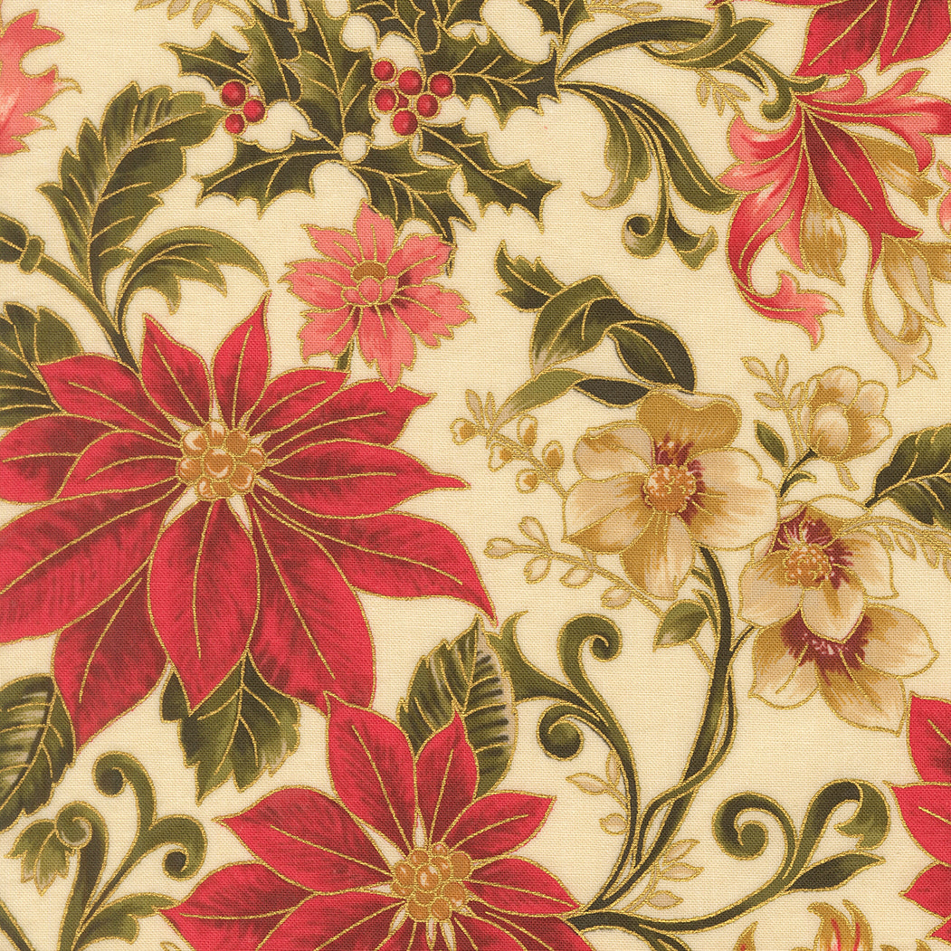 Fabric Moda Cream Poinsettia Merry Manor Metallic by the Quarter Yard 33860-11M