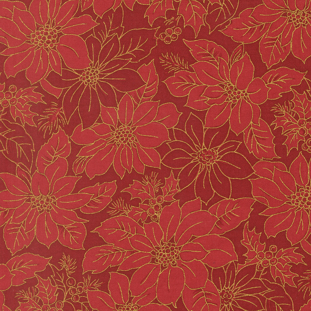 Fabric Moda Crimson Poinsettia Blooms Merry Manor Metallic by the Quarter Yard 33862-12M