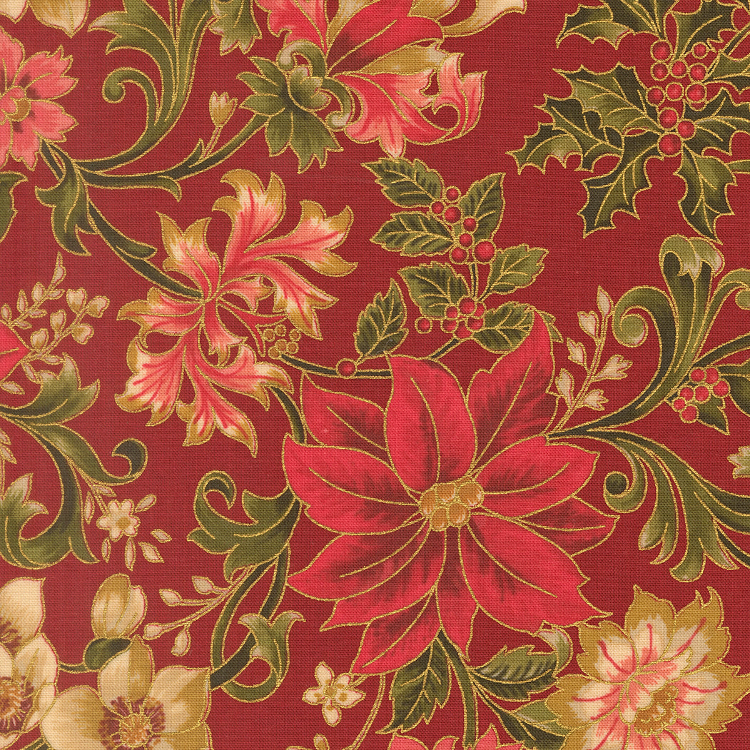 Fabric Moda Crimson Poinsettia Merry Manor Metallic by the Quarter Yard 33860-12M