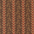 A close-up of a repeating fabric or wallpaper pattern featuring vertical columns of terracotta-colored diamond medallions and beige floral vines on a dark brown background.