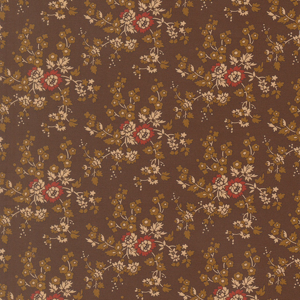 Brown fabric with a repeating vintage floral pattern in beige, brown, and red.