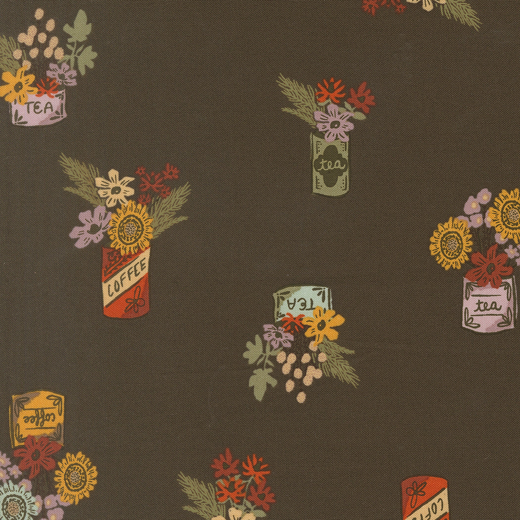 Pattern of coffee and tea jars with flowers on a dark background
