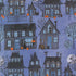 Pattern of houses and pumpkins on a blue background