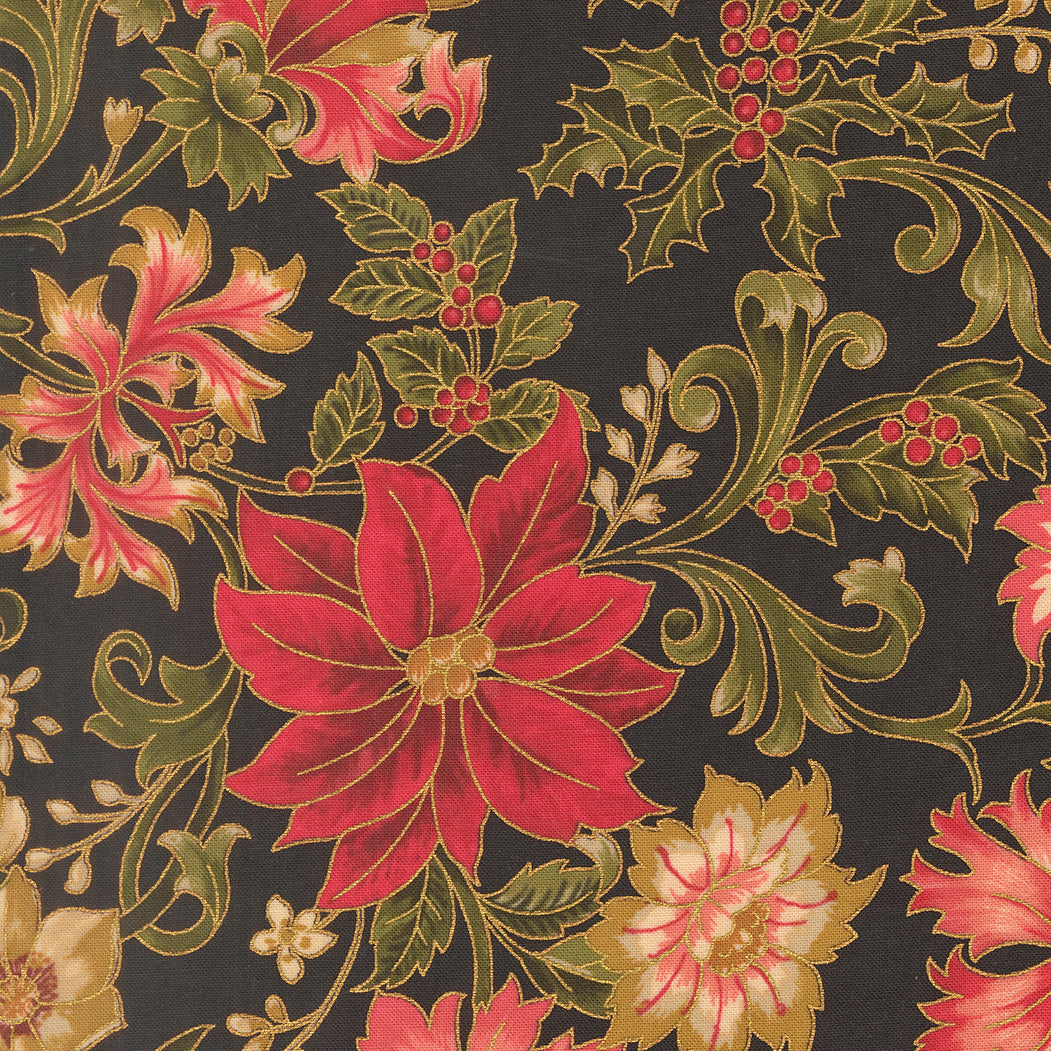 Fabric Moda Ebony Poinsettia Merry Manor Metallic by the Quarter Yard 33860-14M