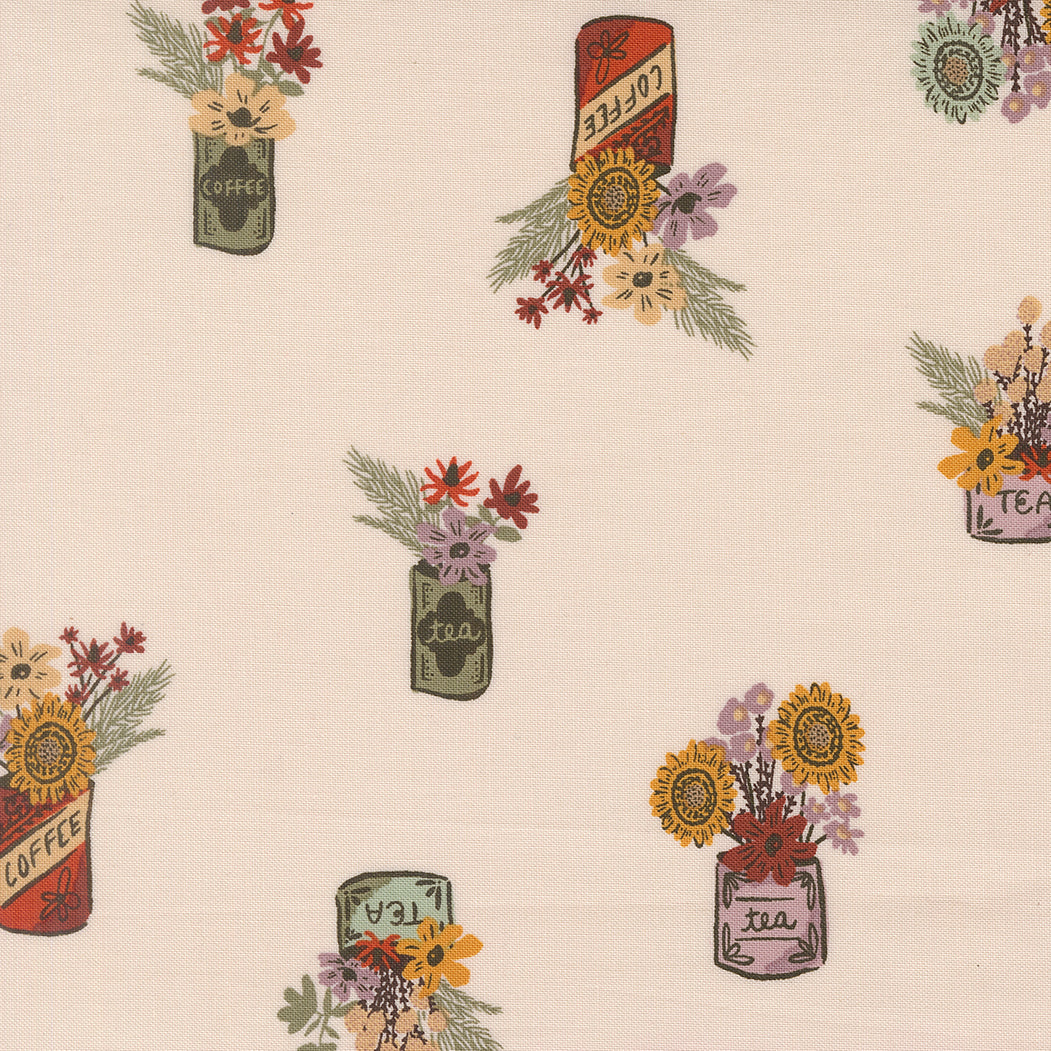 Pattern of mason jars with flowers and text on a beige background