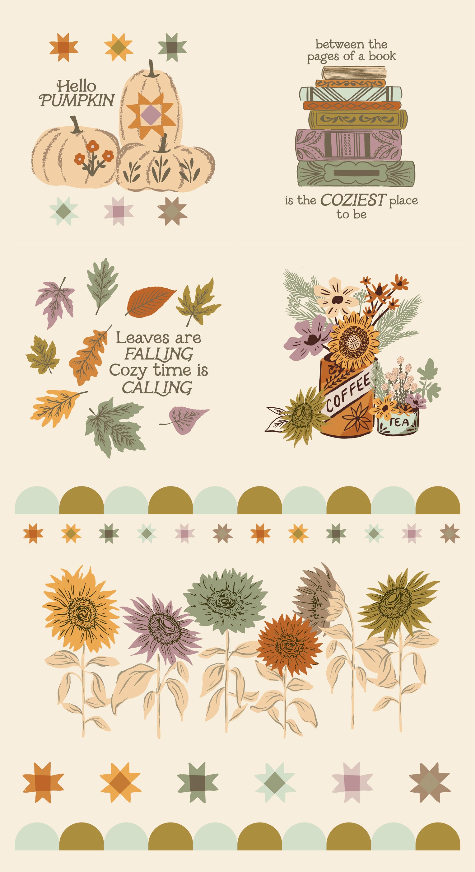 Autumn-themed design with pumpkins, leaves, and floral elements on a beige background.