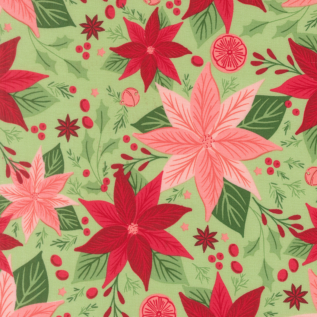 Pattern of red and pink poinsettias on a green background